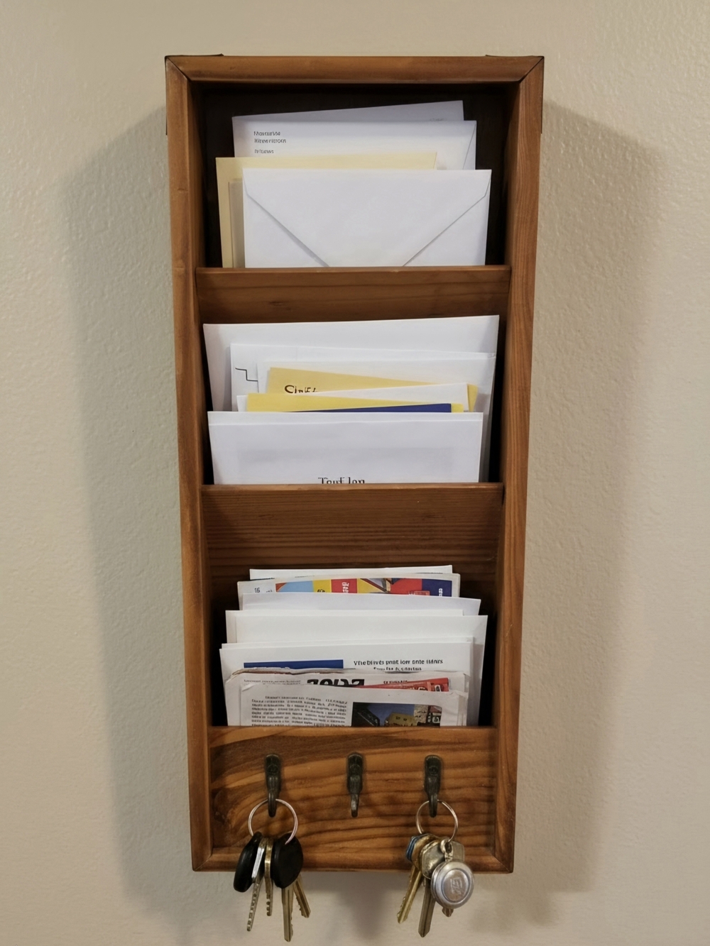 Vintage Rustic Wood Wall Mail Organizer & Key Holder - 3 Tier Letter Sorter